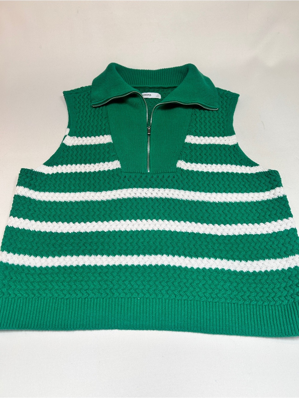 Sonoma Goods for Live Emerald Green and White Striped Quarter Zip Sleeveless Top